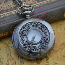 Coupon for wholesale  price good quality new black vintage retro nickel gunmetal plated flower quartz chain pocket watch hour 2024 - buy cheap