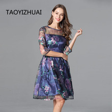 TAOYIZHUAI High Street Style Blue Color Flower Print  O-Neck Plus Fit And Flare Three Quarter Sleeve Lady's Lace Dress 11656 2024 - buy cheap