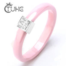 New Pink Crystal Ring 3mm Pink Ceramic Ring Stainless Steel Protruding Square With Rhinestone Women Rings For Female Jewelry 2024 - buy cheap