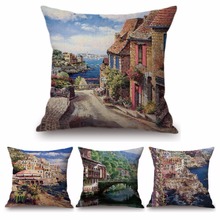 Pintura a óleo 3d bela itália venice cenário mediterrâneo decoração para casa travesseiro flores paisagem oceano capa de almofada 2024 - compre barato