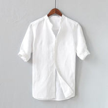 Camisa branca masculina, camisa de linho para verão para homens, camisa de algodão respirável e de cor sólida com botão, com manga de cinco pontos, 2020 2024 - compre barato