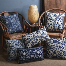 Funda de almohada decorativa con flores de China, diseño de porcelana azul, sin almohada central en el interior, sofá de lino y algodón 2024 - compra barato