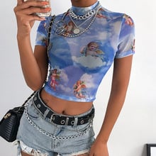 Angel Print Mesh Sexy T Shirt Crop Top High Neck Short Sleeve Graphic Tees Women Streetwear Harajuku Shirts Hot Sale 2024 - compre barato