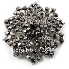 2.1 Inch Large Rhodium Plated Jet Black Rhinestone Crystal Vintage Brooch 2024 - buy cheap