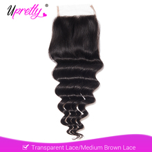 Upretty-extensiones de pelo brasileñas con encaje transparente, accesorio de cabello humano Remy con ondas profundas, Color Natural, 3 partes, 4x4 2024 - compra barato