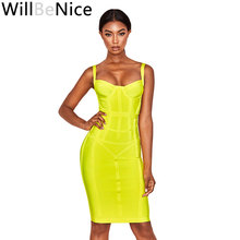 WillBeNice Bandage Dresses Bodycon Vestidos 2019 New  Women Striped Neon Yellow Bandage Dress Rayon Sexy Party Summer Dress 2024 - buy cheap