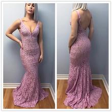 robe de soiree Dusty Pink Lace Evening Dresses Long 2020 Sexy Deep V Neck Open Back Imported Party Dress Mermaid Formal Gowns 2024 - buy cheap