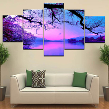 Настенные картины на холсте, домашний декор для гостиной, 5 шт., постер с изображением фиолетового заката, деревьев, озера, ландшафта 2024 - купить недорого