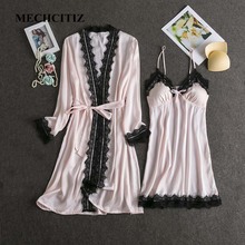 MECHCITIZ 2019 conjuntos para as mulheres roupão de banho vestido de roupão de seda verão sleepwear 2 peças femme robes sexy noite vestido de salão conjunto 2024 - compre barato