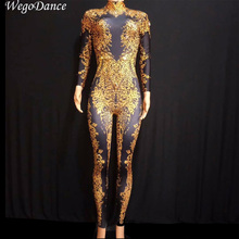 new Women Sexy Gold Rhinestones Jumpsuit Performance Outfit Singer gogo Nude Black Big Crystals Costume Dance Bodysuit 2024 - buy cheap