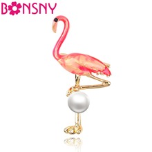 Bonsny Liga Esmalte Flamingo Pássaro Broche de Pérolas Pinos Para As Mulheres Senhoras Acessórios de Decoração Cachecol Elegante Jóias Presente Da Novidade 2024 - compre barato