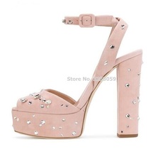 ALMUDENA Baby Pink Embellished Platform Sandals Chunky Heel Bling Bling Crystal Beaded Super High Heels Wedding Pumps Vogue Shoe 2024 - buy cheap