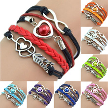 10PC/Lot Infinity Fashion Leather Handcuffs Love Heart Pearl An arrow Charm Pink Friendship Antique Braided Wristband Bracelet 2024 - buy cheap