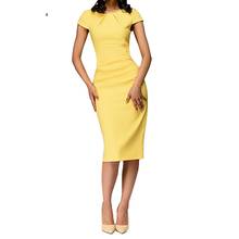 Женское летнее платье с круглым вырезом и коротким рукавом, повседневное Однотонное Платье До Колена G3 2024 - купить недорого