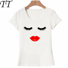 Camiseta feminina verão 2021 nova moda lábios e cílios design camiseta menina casual camisetas femininas engraçado mulher manga curta 2024 - compre barato