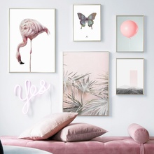 Flamingo balão rosa de folha de palma da mão, borboleta e impressões nórdicas, arte de parede, pintura em tela, imagens para decoração de sala de estar 2024 - compre barato