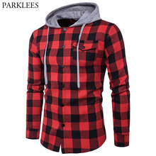 Red Black Plaid Hooded Shirt Men Long Sleeve Slim Fit Casual Checkered Hoodies Shirts Mens Pocket Button Front Chemise Homme 2XL 2024 - buy cheap