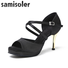Samisoler novo cetim preto com salto de ouro ballroom moda mulher latina sapatos de dança salsa heel7.5/8.5 cm 2024 - compre barato