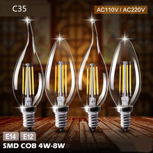 Свеча лампа E27 E14 2 Вт 4 Вт 6 Вт AC 220 В Ретро стеклянная лампа Эдисона под старину винтажная C35 лампа накаливания 360 градусов 2024 - купить недорого
