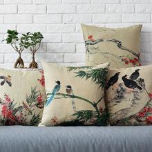 Retro pintura a tinta floral pássaros linho travesseiro flores almofada travesseiro casa almofadas decorativas 2024 - compre barato