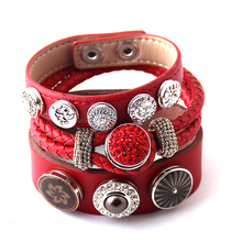Novidade moda 3 peças/conjunto botão de metal pulseiras de couro vermelho para mulheres bracelete de couro envoltório pulseira 2024 - compre barato
