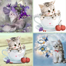 5d diy pintura diamante gato em copo de café, gato usando um chapéu bordado mosaico imagem strass kits artesanais decoração de casa animal 2024 - compre barato