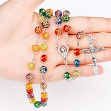 Colorful Acrylic Rose Flower Beads Religious Cross Necklace Catholic Rosary Necklace Jesus Crucifix Stars Mary Centerpiece 2024 - buy cheap