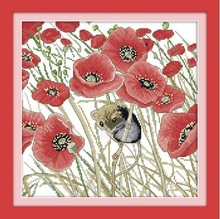 Animal Flower Poppy and Mouse Canvas Cross Stitch Kits Accurate 11CT Printed Embroidery DIY Handmade Needle Work Home Decor 2024 - buy cheap