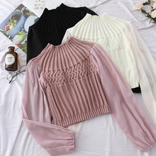 Autumn Women Turtleneck Knitted Pullovers Chiffon Patchwork Sweater Ladies Bottoming Lantern Sleeve Knitwear Short Tops AB1135 2024 - buy cheap