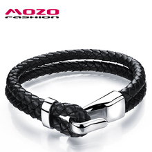 MOZO FASHION Men Vintage Jewelry Double Layer Braided Leather Cord Hook Bracelets Unique Stainless Steel Buckle Bracelet PS2030 2024 - buy cheap