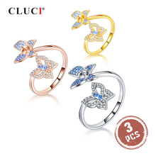 CLUCI-Anillo de mariposa de Plata de Ley 925 para mujer, 3 piezas, anillo de perlas de plata 925, montaje ajustable, anillo de mariposa de circón SR2235SB 2024 - compra barato