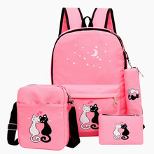 4pcs/set Backpack School Bags For Girls Cat Printing Canvas Children School Backpack Teenager Girls Preppy Rucksack Cute Bookbag 2024 - buy cheap