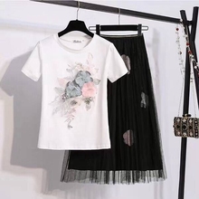Комплект из 2 предметов Лето 2019 Для женщин хлопковая футболка сетка видеть сквозь юбка комплекты Для женщин модные сетчатые юбки костюмы цветы полный набор 2024 - купить недорого