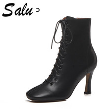 Salu 2020 new Women  Boots Slip On Footwear Ankle boots Genuine leather Spring Women Booties Brand Street High Heels Boots 2024 - buy cheap