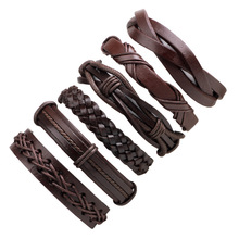6pcs/set Hippie Punk Dark Brown Leather Big X Knot Pattern Charm Layer Stackable Adjustable Braiding Bracelets Bangle for Man 2024 - buy cheap