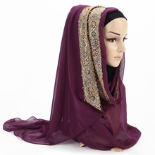 H1357 новый большой размер, длинный шарф для мусульманки из пузырчатого шифона с кружевной вышивкой и украшением, Женская повязка на голову 2024 - купить недорого