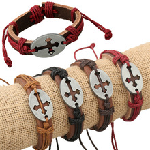 Pulseras con patrón de Cruz religiosa, brazaletes tejidos a mano de cuero clásico + cuerda de cáñamo, 4 colores, decoración de joyería Unisex 2024 - compra barato
