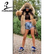 FURSARCAR caliente nueva moda mujer Real abrigo de piel con cuello de piel de mapache y puño de invierno de alta calidad gruesa cálida Parka de piel 2024 - compra barato