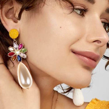JERPVTE-pendientes largos de perla simulada para mujer, colgante de flor de cristal, pendientes llamativos Bisutería 2024 - compra barato