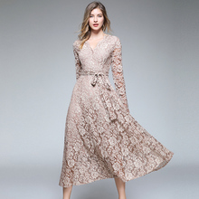 2021 Spring Lace Dress Work Casual Slim Fashion V-neck Sexy Hollow Out Dresses Women A-line Vintage Vestidos 2024 - buy cheap