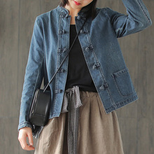 Jaqueta jeans feminina estilo vintage, casaco jeans com fivela bordada flora casual 2024 - compre barato
