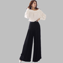 JSXDHK Women Trousers Suit Summer White Chiffon Slash Neck Work Shirt + Office Ladies Black Pleated Wide-Leg Length Pants Set 2024 - buy cheap