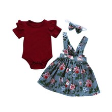 Осенние комплекты одежды для маленьких девочек, комплект одежды для новорожденных девочек, боди, комбинезон, юбка цветочный принт, повязка на голову, 3 предмета, одежда для малышей 2024 - купить недорого