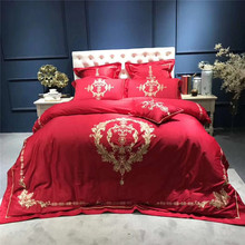 Fronhas de cama estilo europeu vermelho de luxo, 4 peças, bordado real, 80s, algodão egípcio, casamento, capa de edredom 2024 - compre barato