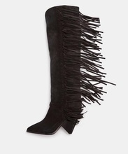 Botas de pasarela de ante negro para mujer, botines de tacón bajo con flecos y borlas, punta estrecha, hasta la rodilla, invierno, 2018 2024 - compra barato