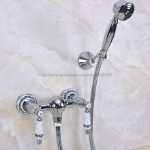 Polished Chrome Bathroom Shower Faucet Bath Faucet Double Handle Mixer Tap With Hand Shower Head Set Wall Mounted Bna287 2024 - buy cheap