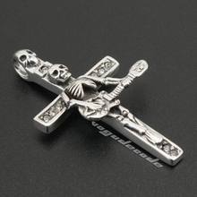 Plata de Ley 925 guitarrista calavera en cruz colgante diseño motero para hombre 8B016 (collar de 24 pulgadas) 2024 - compra barato