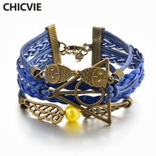 CHICVIE Fashion Blue Charm Owl Leather Bracelets& Bangles Designs For Women Stainless Steel Bohemian Jewelry Bracelets SBR180153 2024 - buy cheap