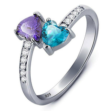 Женское кольцо с двойным сердечком Visisap, фиолетовое и голубое кольцо с кристаллом S925, серебряное кольцо с гравировкой, Прямая поставка, ювелирное изделие B2713 2024 - купить недорого