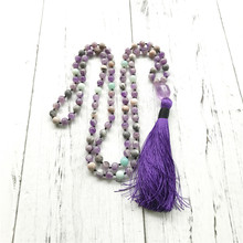 108 Mala Beads Necklace Amethysts & Amazonite Necklace Hand Knotted Necklaces Tassel Necklaces Prayer Meditation Mala Best Gift 2024 - buy cheap